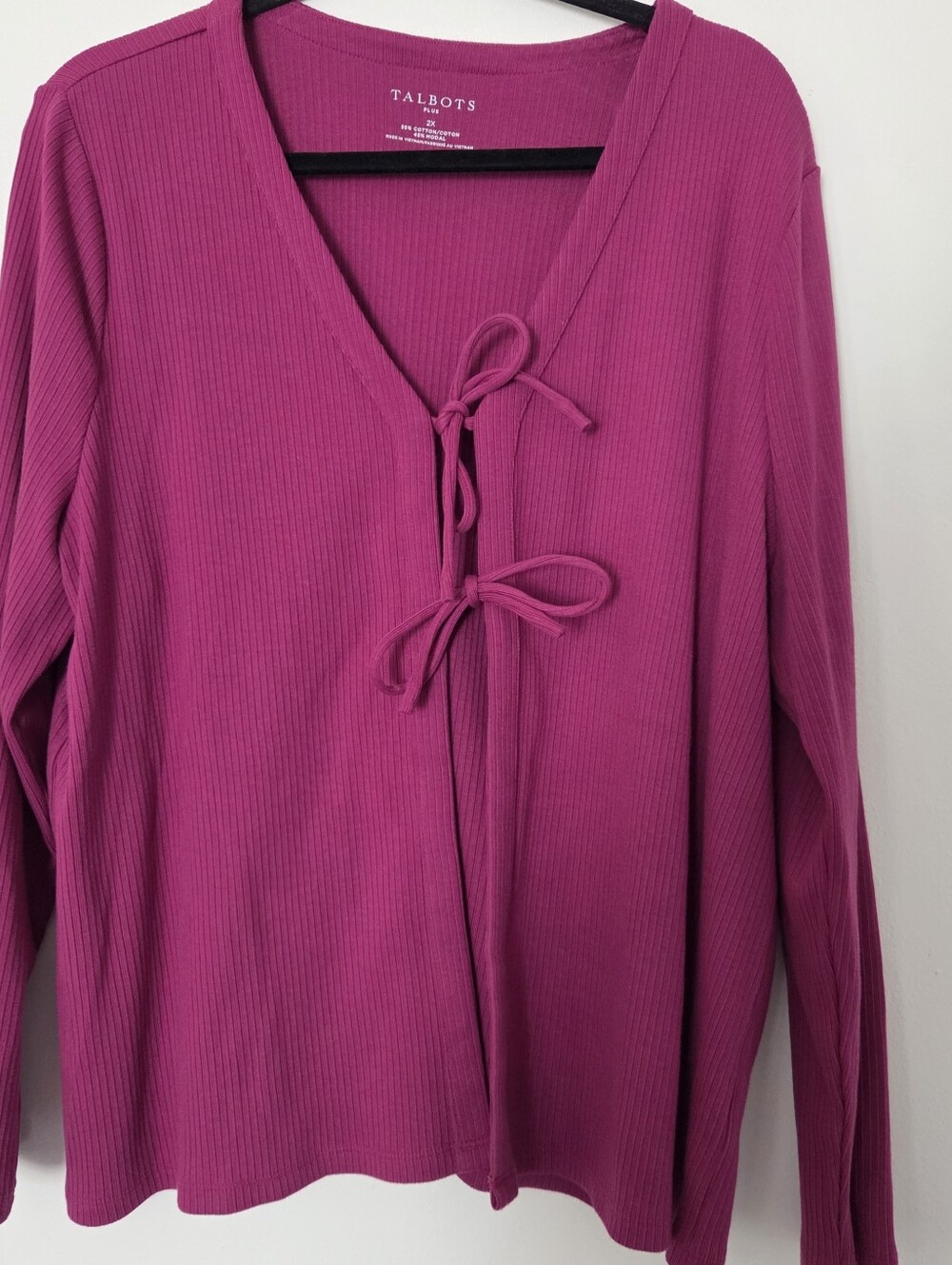 Talbots Women's Long Sleeve Magenta Tie-Front Ribbed V-Neck Top 2x